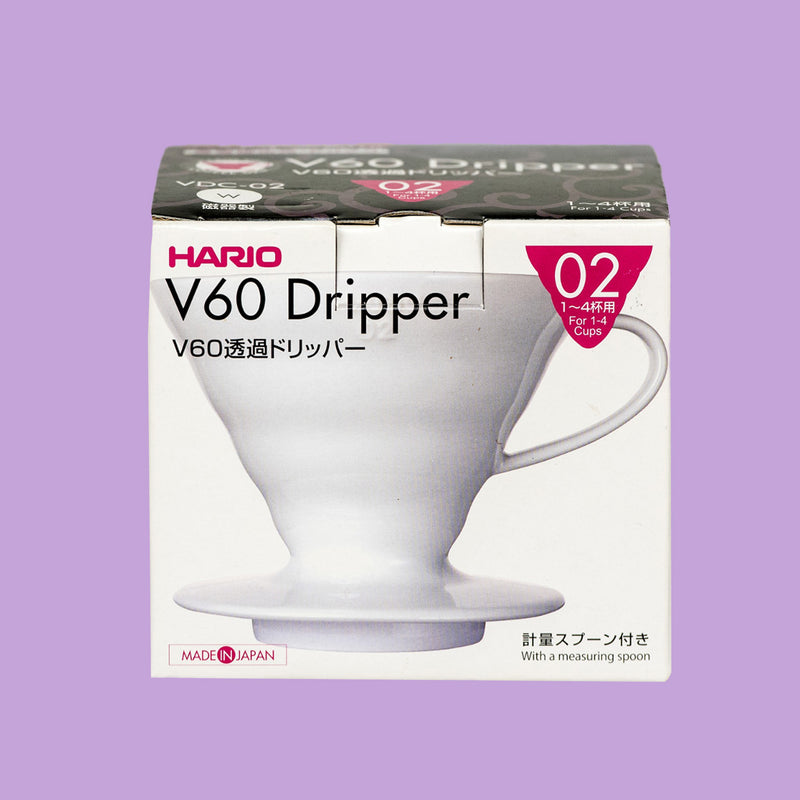 Hario V60 ceramic pour-over brewer, size 02, white, in its retail box