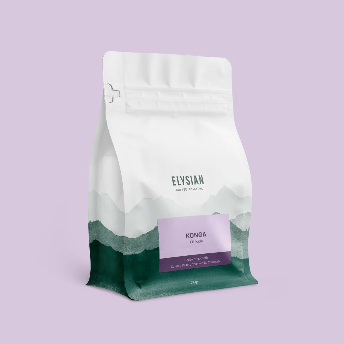 Konga filter coffee bag from Ethiopia, white with painted green mountains, on a lilac background