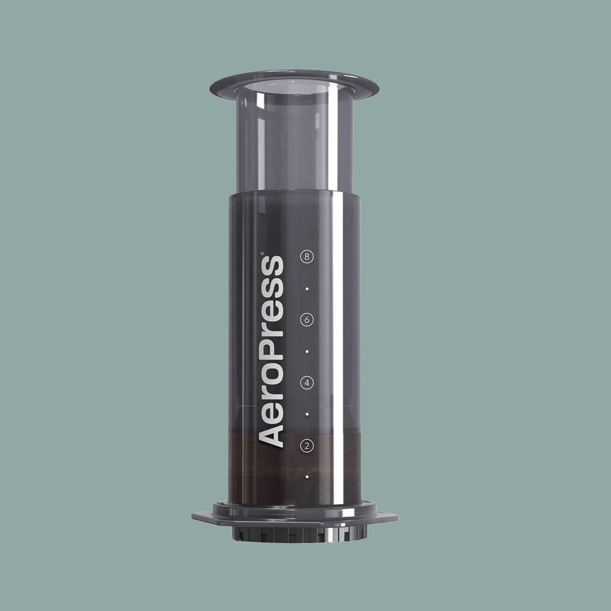 AeroPress Original coffee maker in tinted grey plastic, standing upright