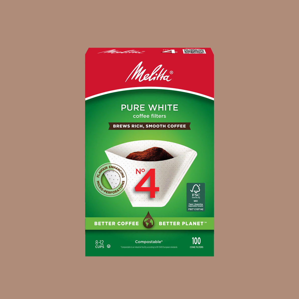 Box of 100 Melitta Pure White No. 4 cone coffee filters
