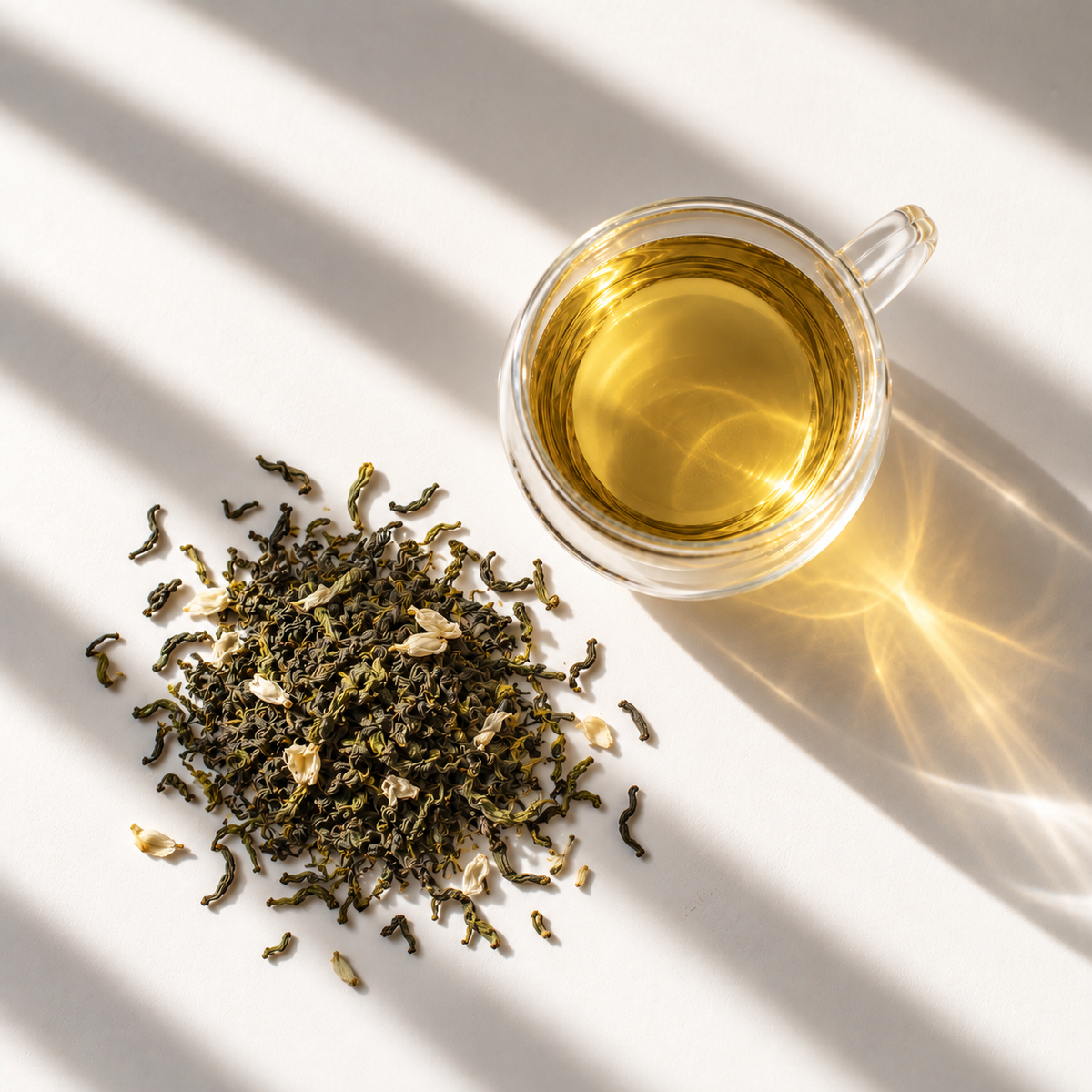 Jasmine Green: loose leaf and a glass cup of brewed tea