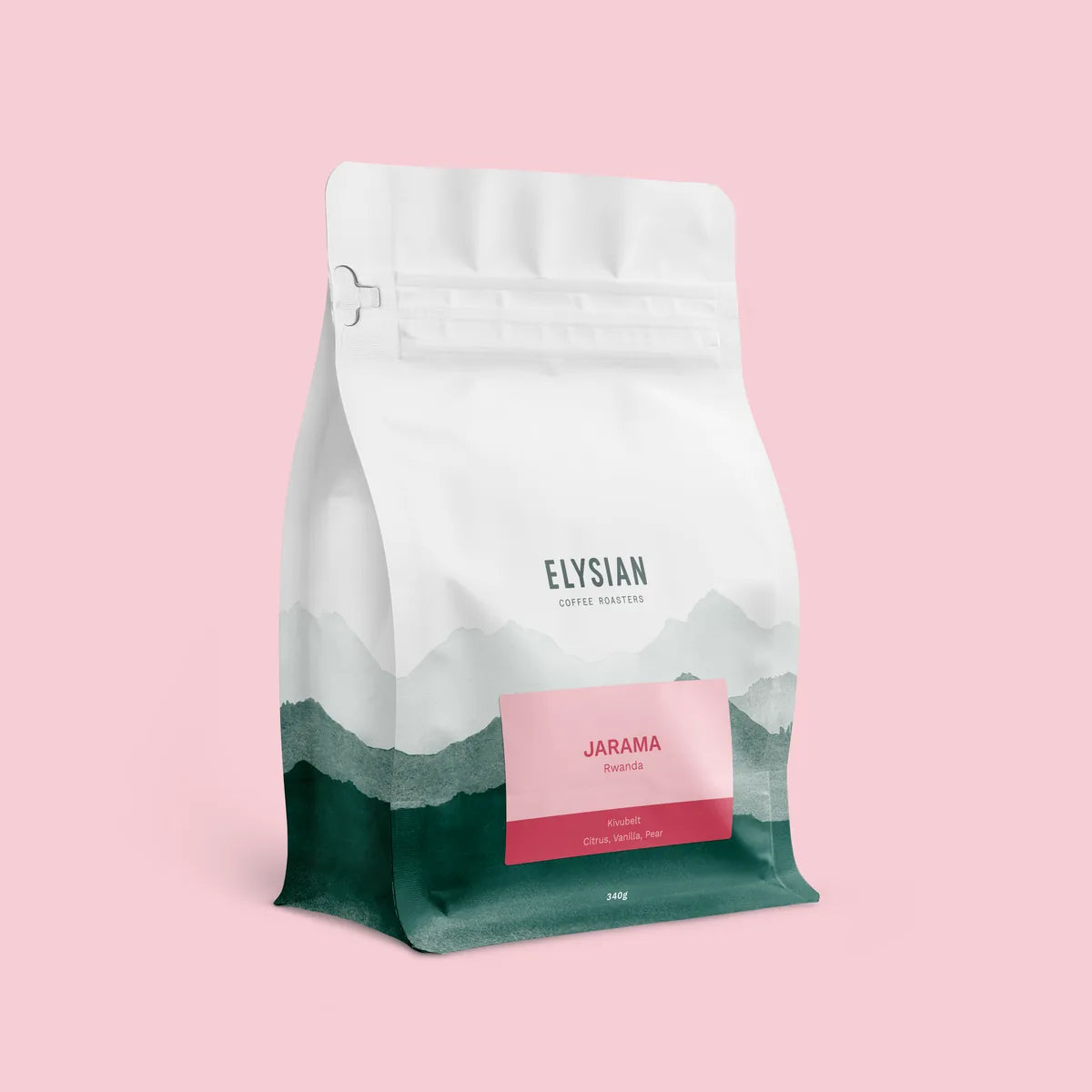 Jarama filter coffee bag from Rwanda, white with painted green mountains, on a pink background